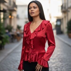 Bloomingdale’s 100% Silk Ruffle Peplum Blouse Red Size 2